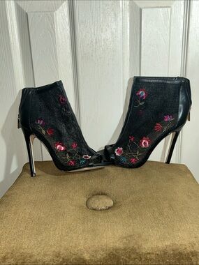 Shoe Dazzle Marissa Black Floral Mesh Peep-Toe Stiletto Booties with Embroidery